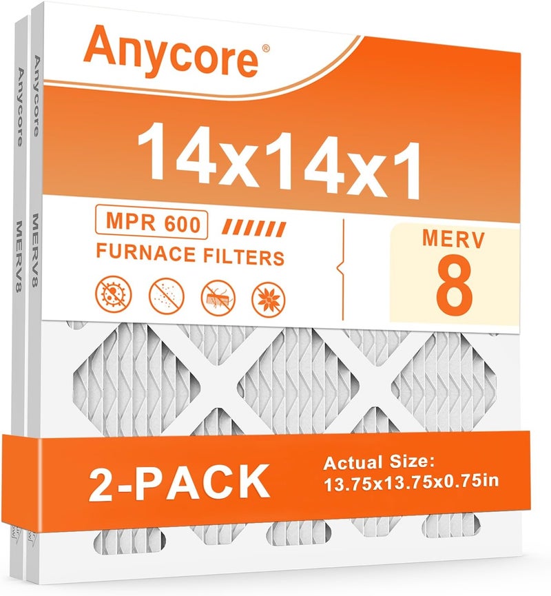 Anycore 14x14x1 Air Filter 2 Pack MERV 8 HVAC AC Furnace Pleated Air Filters for Home Office MPR 600 FPR 5 (Actual Size: 13.75x13.75x0.75 inch) - Image 1